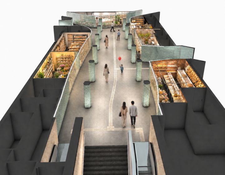 Visualisierung der Verteilerhalle im U-Bahnhof Alt-Tegel mit sechs neu geordneten Gewerbeeinheiten, offener Wegeführung und denkmalgerechtem Gestaltungskonzept.